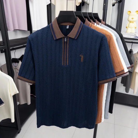 Luxury brand knitted short sleeve polo shirt Paul Pony embroidered stripe design men's T-shirt summer fashion Korean casual top