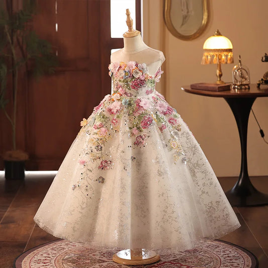 Girls' High-End French Style Forest Series Flower Little Host Walk Show Piano Performance Birthday Party Princess Dress