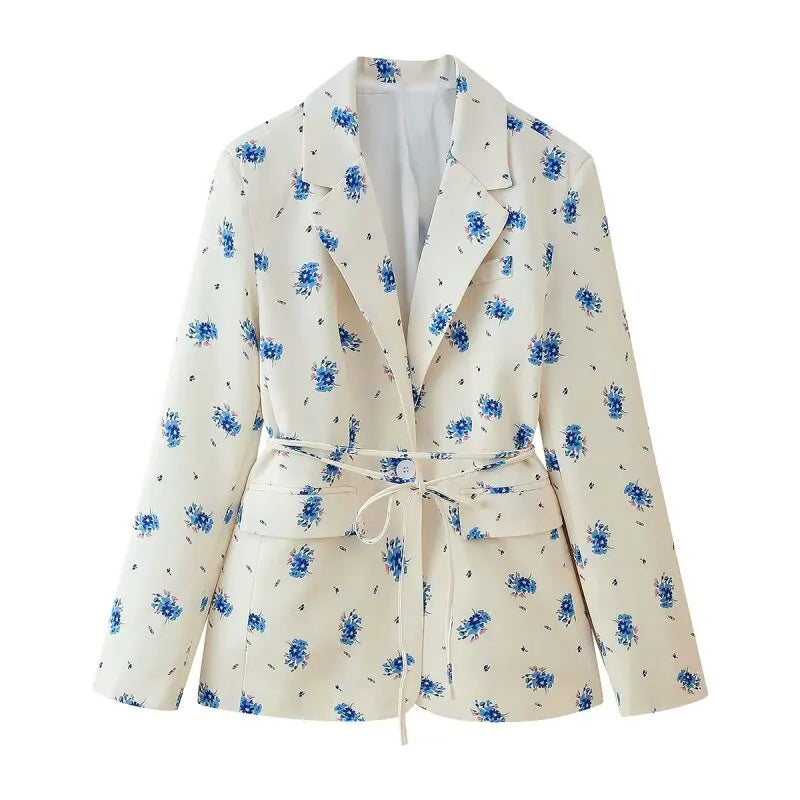 Women's Floral Print Blazer, White Pink Flower Casual Suit Jacket, Notch Lapel Loose Outwear with Tie Waist, Spring Daily Wear