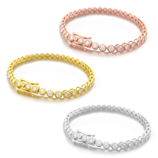 Bracelet de tennis en moissanite ronde GRA certifiée couleur D de 2-3 mm pour femme, plaqué argent S925, maillons "bubble" plaqués or 18 carats