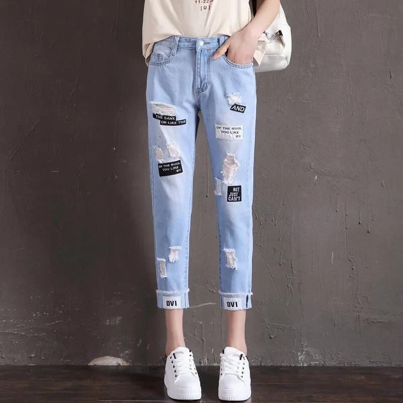 High Waist Wide Leg Jeans Women's Summer Loose Slimming Diamond Embedded Long Pants Break Hole Denim Pants Hong Kong Sle ...