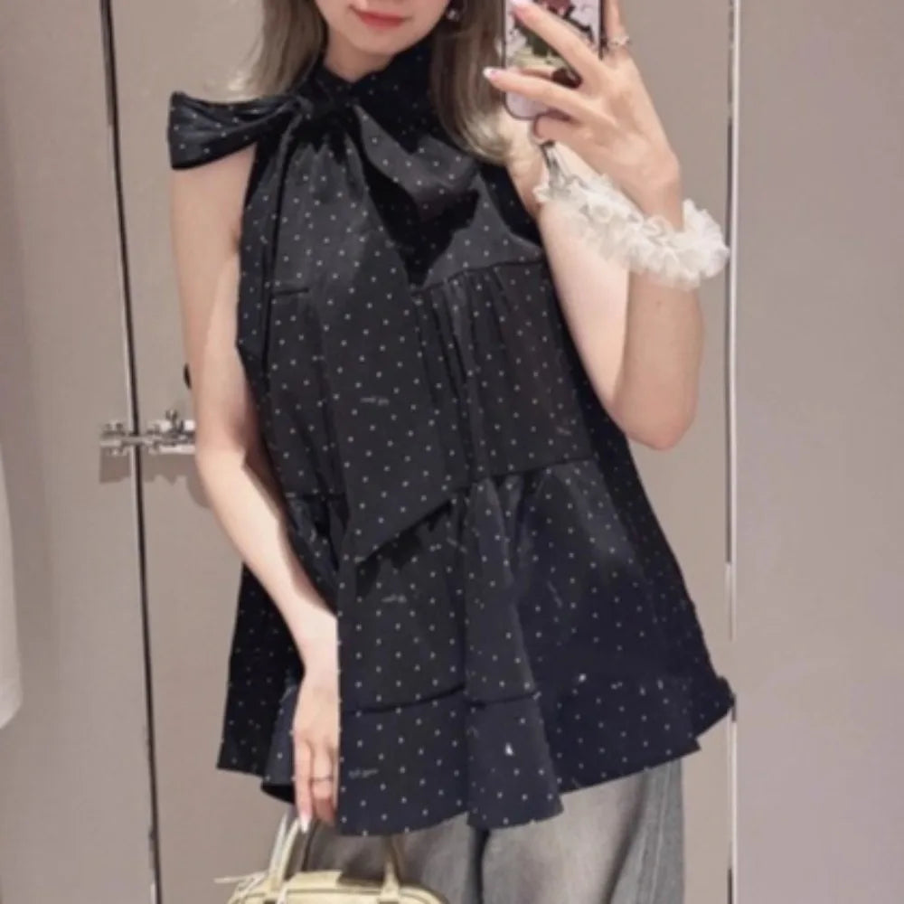 Hit Color Polka Dot Blusas Bow Bandage Woman 2026 Shirts Blouses Summer Sleeveless Ropa Mujer Japan Style Camisas Clothing