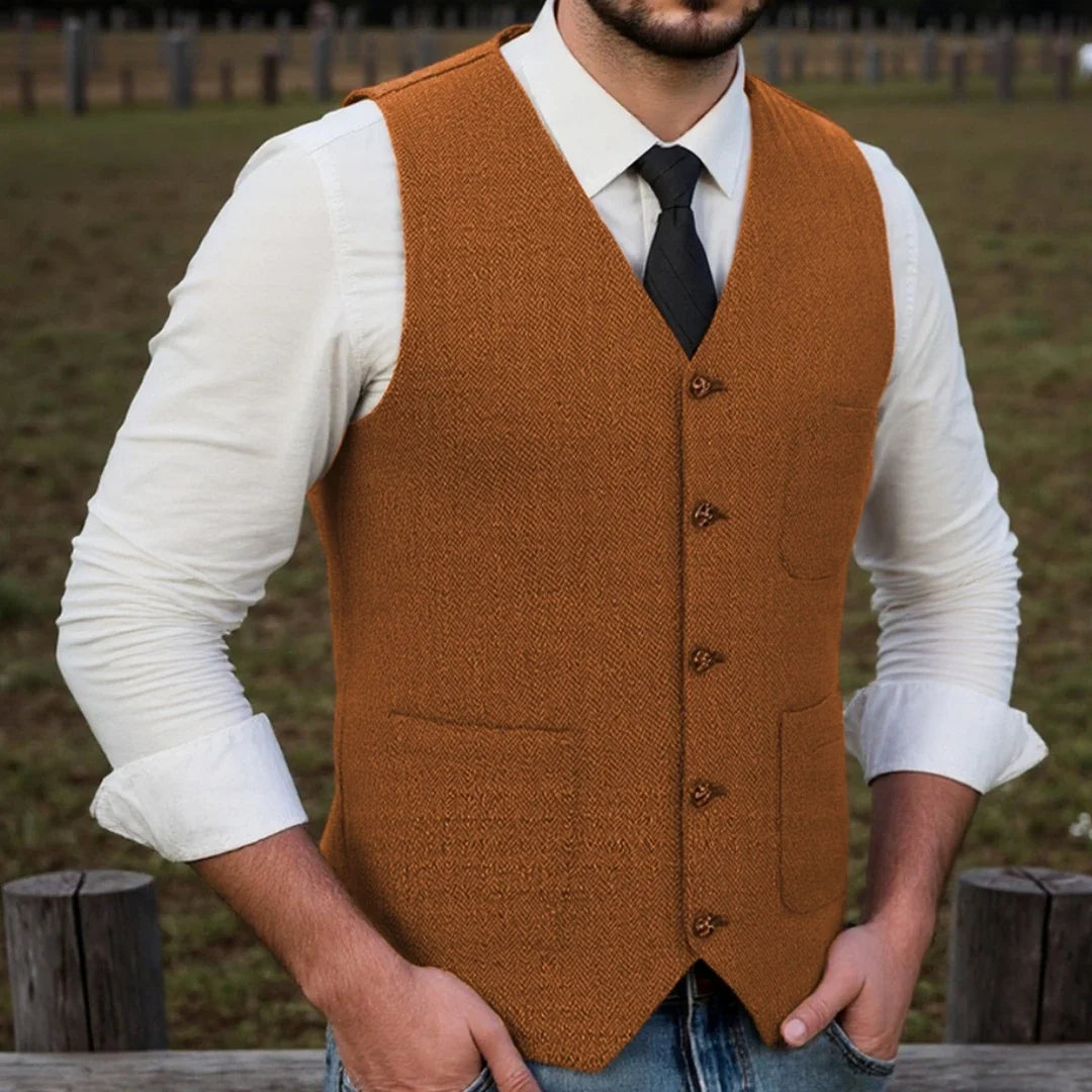 Men Vest Brown Herringbone Single Button With Pocket Waistcoat For Wedding Party Business Work Office Daily Casual Men Suit Vest