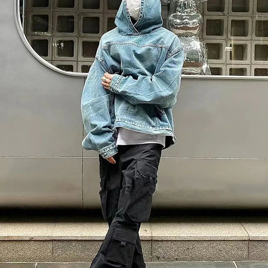 Mens Autumn Fashion Denim Washed Distressed Retro Hoodie Genderless Street Fashion Casual Loose Denim Sweatshirt Unisex