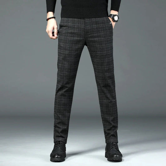 Autumn New Men's Plaid Striped Business Casual Pants Classic Fashionable Straight Elastic Casual Trousers Black Gray Male