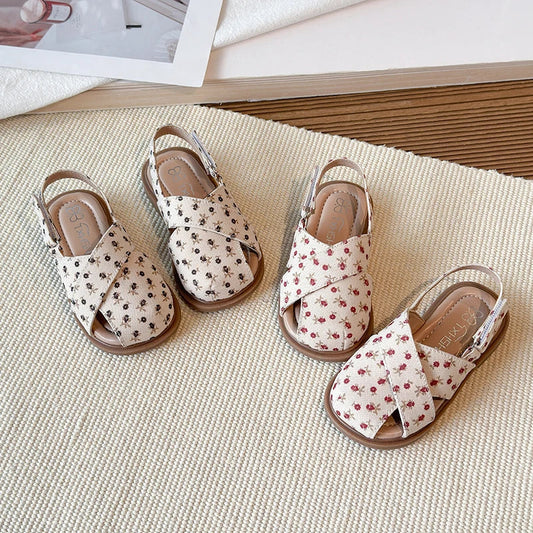 Girls Princess Floral Sandals New Summer Cross Strap Children Beach Shoes Non-Slip Breathable Kids Flat Sandals School Perform