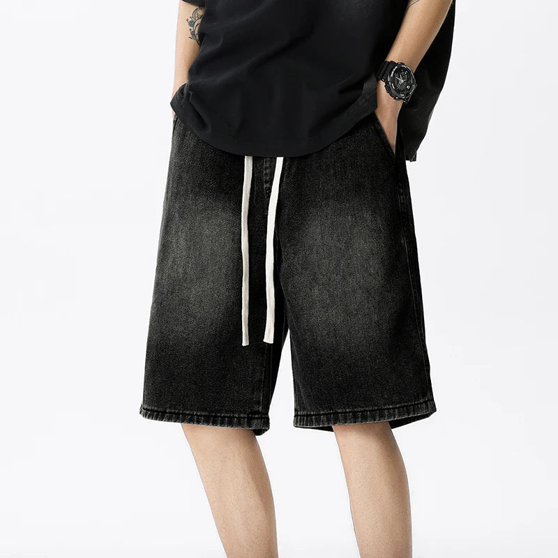 Casual Denim Shorts Men Elastic Waist Straight Comfortable Light Blue Soft Short Pants Baggy Wide Bermuda Male Jeans