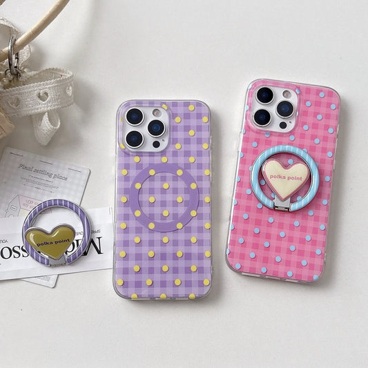 Retro Polka Dots Grid Pattern Hollow Fold Out Love Heart With Holder Magnetic Phone Cover Case for iPhone 17 16 15 14 13 Pro Max