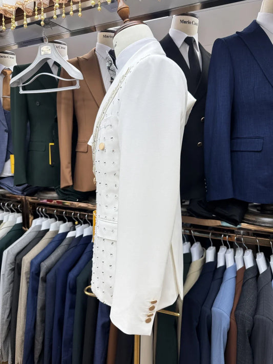 Gorgeous Beaded Double Breasted Men's Tuxedo 2 Pieces Jacket Pants Dancing Wear Peak Lapel Suit Set For Men Wedding Groom Sets
