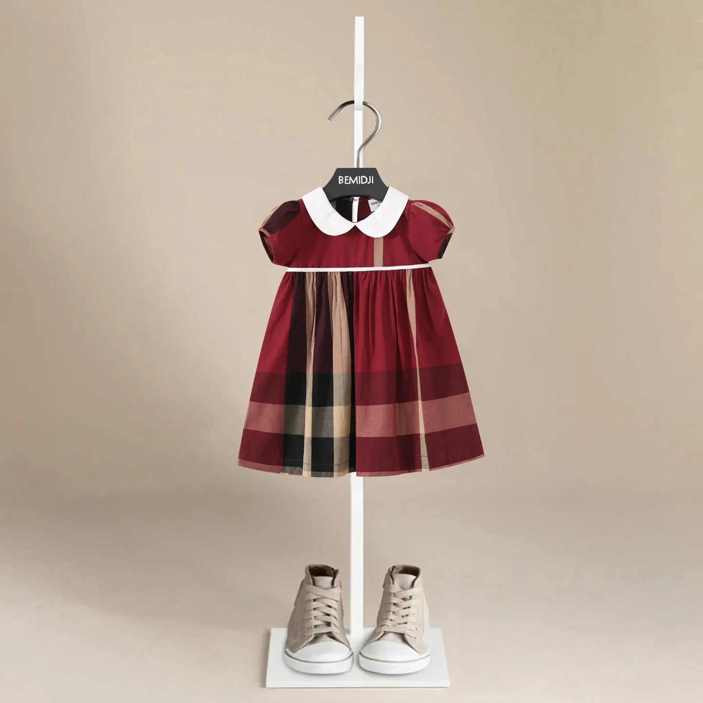 Summer Short Sleeves Kids Girl's Dress Long Sleeves Retro Style Red Plaid Striped Doll Collar Princess Doll Dresses Kids Clothes