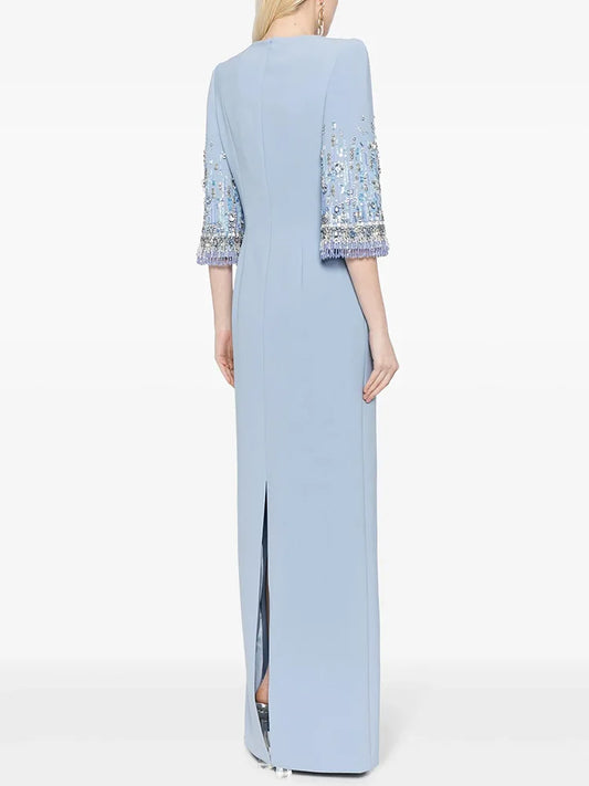 HIGH STREET Newest Fashion 2026 S/S Designer Vestido Women's Half Sleeve Stunning Beaded Long Maxi Dress