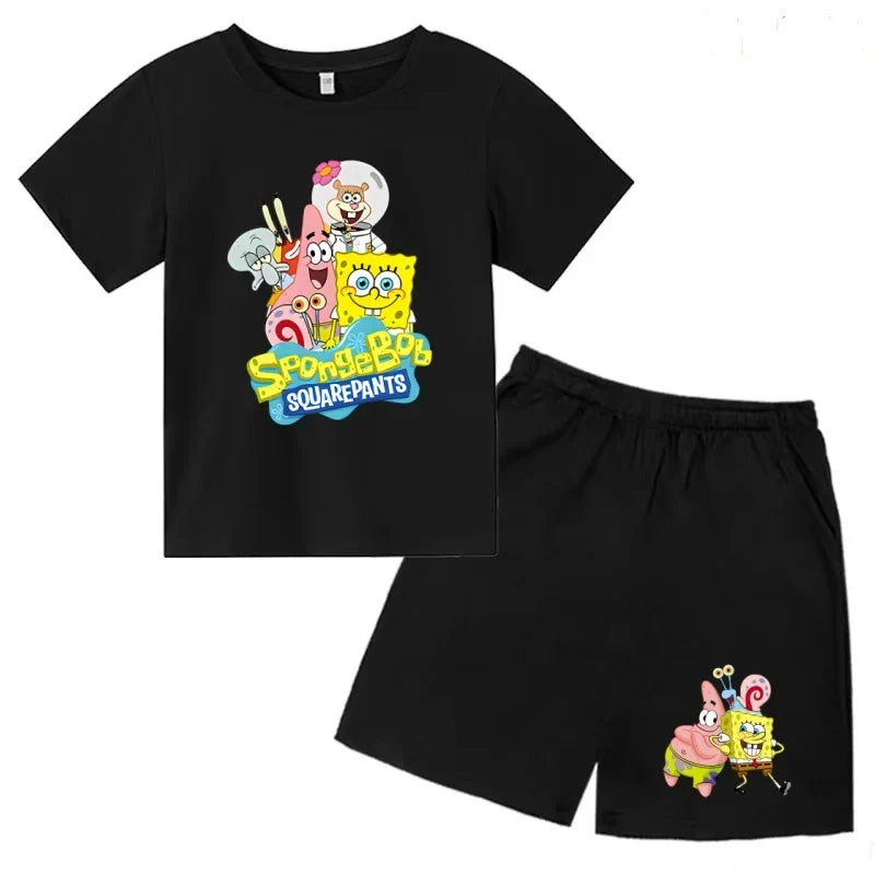 Kids Summer Anime SpongeBob SquarePants Fashion T-shirt 3-12 Years Boys Girls Toddler Short-sleeved+Shorts Casual Sportswear Set
