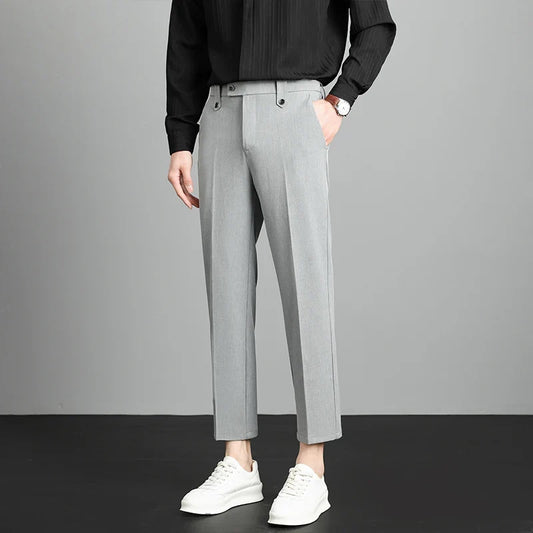 Brand High Quality Business Suit Ankle Length Pants Men Grey Khaki Waist Design Work Office Formal Long Trousers Male