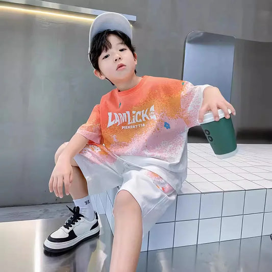 Summer Boys Tie Dye Gradient Alphabet T-Shirt Tops+Shorts Pant Workout Sets School Kids 2PCS Tracksuit Children Outfits 5-16 Yr