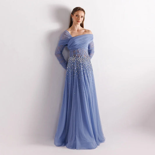 Customized Simple Black Boat Neck Tulle Evening Dress Full Sleeves With Crystal Party Dress A-line Floor Length Prom Gown