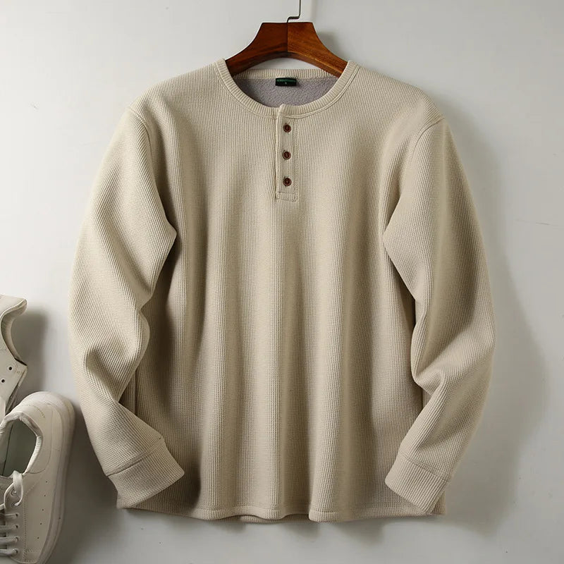 Men's Fleece - Lined Thickened Long - Sleeved Henley Neck Waffle Knit T - Shirt