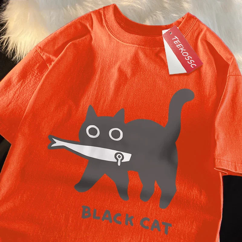 Fun A Black Cat Eating Fish Japanese Style Men Women T-Shirt Fashion Print T Shirt Breathable Oversize T-Shirts Cotton Clothes