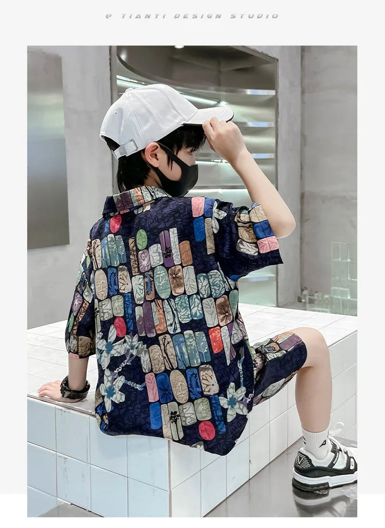 New Summer Kids Beach Clothes Set 2 Pieces Set for Boys Casual Shirt Short 2PCS Clothing Set Children Cool Vacation Outfit Suit
