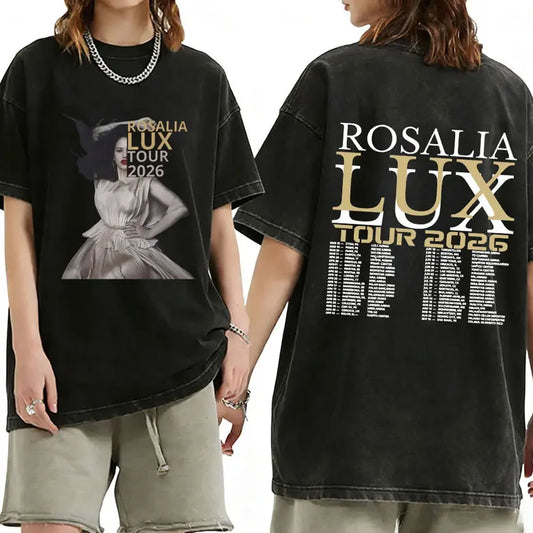 Rosalia Lux Tour Album 2025 Vintage Washed T Shirts Men Women Casual Oversized Cotton T-shirt Fashion Pop Print Clothing Tshirt