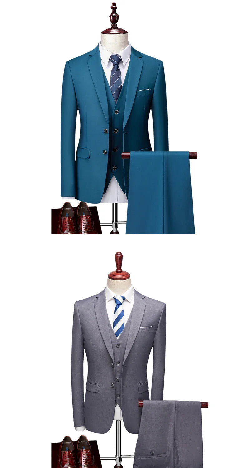 M-6XL ( Jacket + Vest + Pants ) Boutique Pure Color Mens Business Formal Suit 3Piece Set and Two-piece Set Groom Wedding Dress