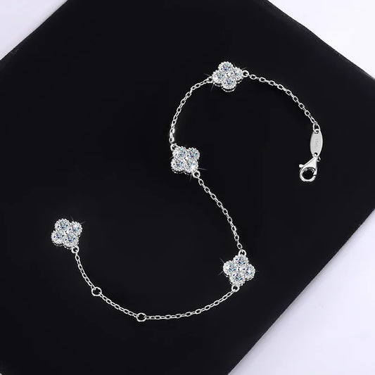 Bracelet Trèfle à Quatre Feuilles en Argent S925, Diamant, Moissanite D Complète, Chaîne Réglable, Cadeau d'Anniversaire pour Femme, Fiançailles, Mariage, Fête