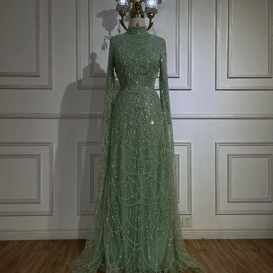 Customized 2026 Muslim Nude Mermaid Cape Sleeves Luxury Evening Gown Pearls Beaded Dress for Women's Party Prom Dresses