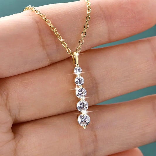 Brilliant 5-Stone Moissanite Necklace 14K Gold Filled Long Drop Pendant Necklace for Women Female Jewelry Accessories