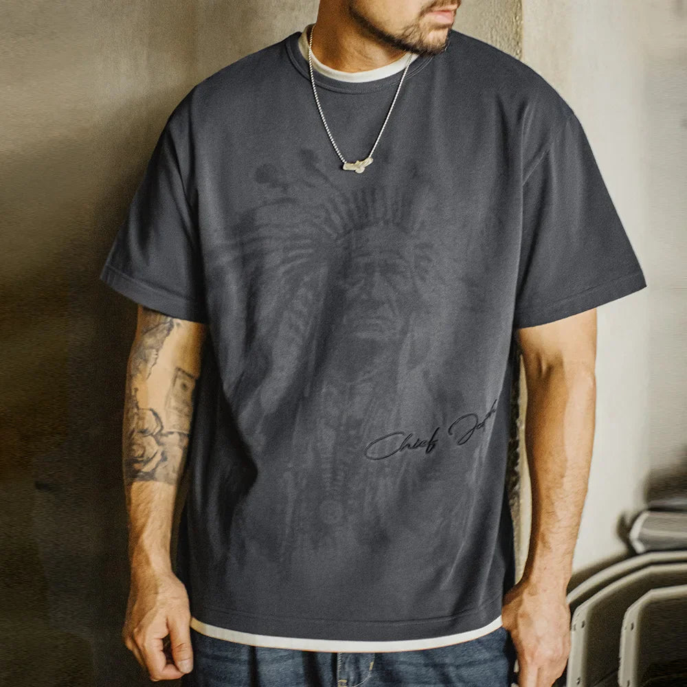 Vintage Navajo Print Short Sleeve T-Shirt Men's Summer Heavyweight Cotton Tee Letter Embroidered Loose Fit Crew Neck Tops