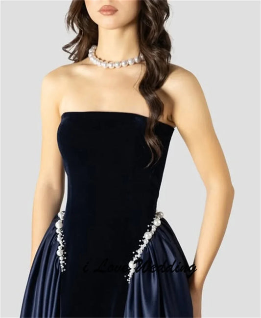 2026 Luxury Boat Collar Pleated Velour Evening Dress Backless Floor Length Beaded Pearls Saudi Party Gown for Women Customized