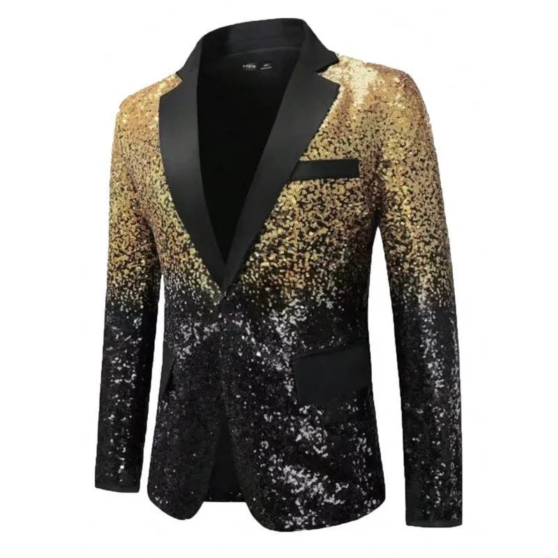 Shiny Sequin Tuxedo Jacket for Men - Royal Blue & Gold Gradient, Black Lapel, Formal Party/Wedding/Stage Wear Coat.