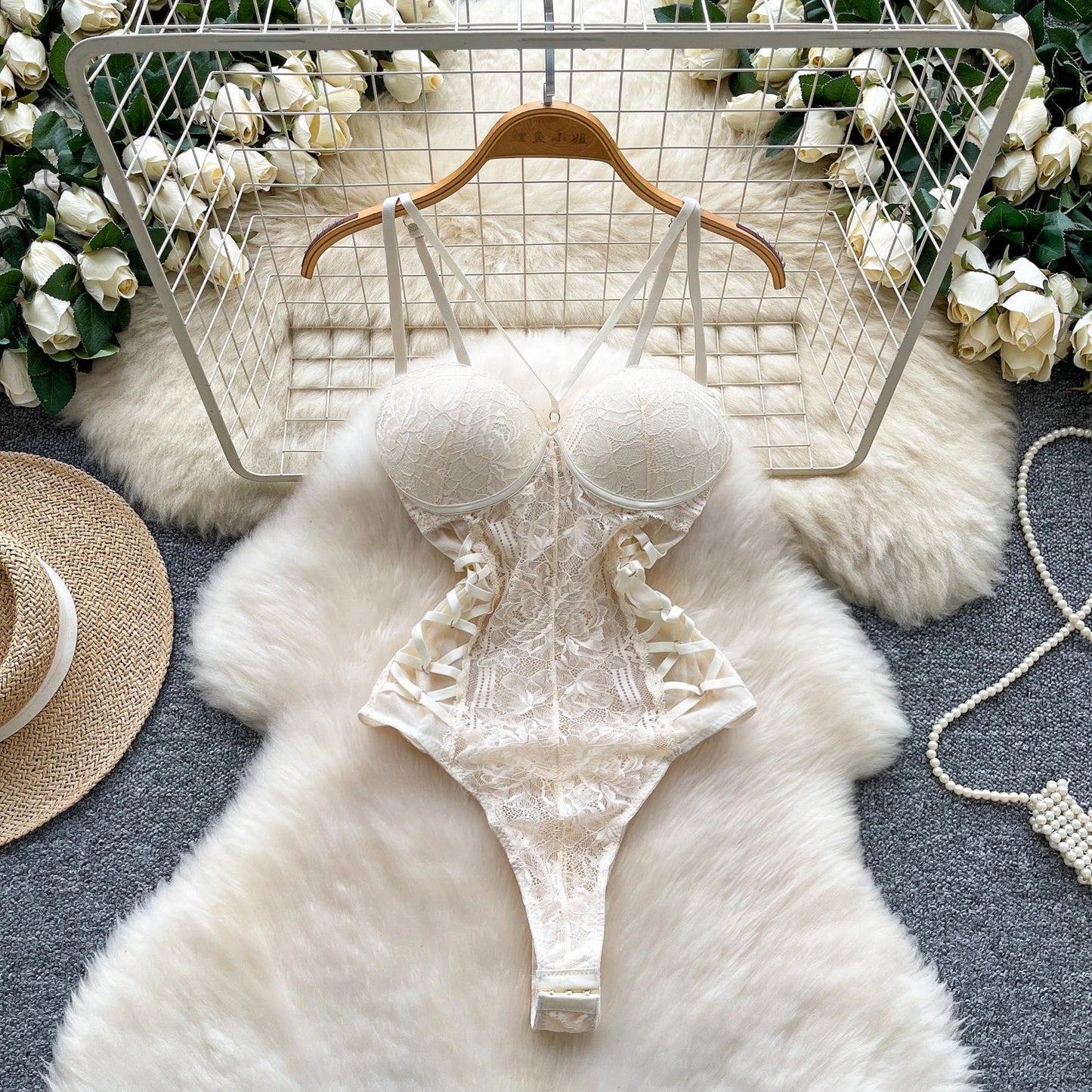 Sexy Lace Push Up Bodysuit See Through Mesh Patchwork Sleeveless Slim Thin One Pieces Elegant Women's Strappy Lingerie