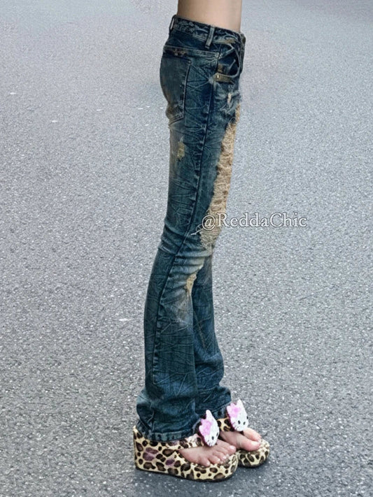 Low Waist Skinny Jeans for Women Vintage Distressed Destroyed Holes Stretchy Denim Boot Cut Pants Y2k Gyaru Streetwear
