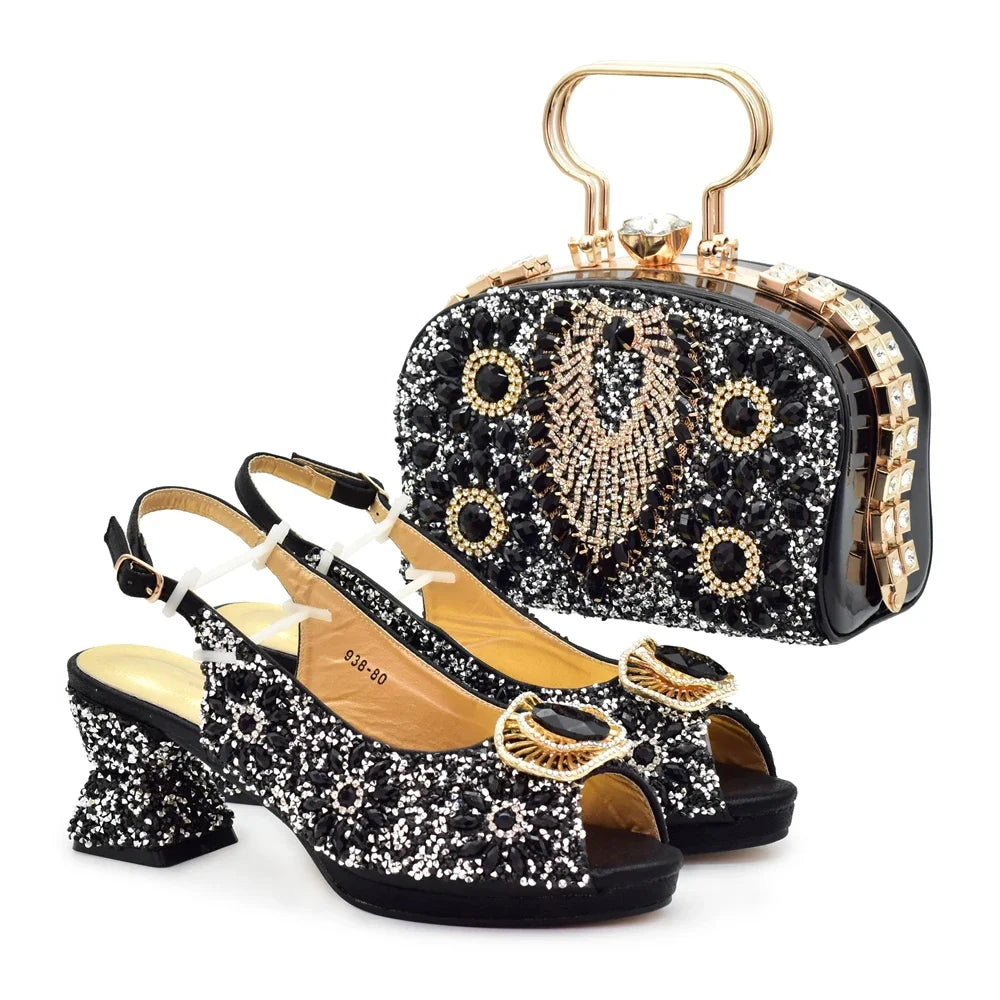 Italian Shoes and Bags Matching Set Decorated with Rhinestone Shoe and Matching Bag for Nigeria Party Wedges Shoes for Women