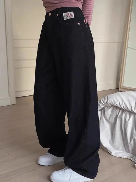 Women's Sweet Casual Full Length Baggy Denim Trouser Retro Emo Harajuku Loose Jeans Letter Embroidery High Waist Y2K 2000s Pants