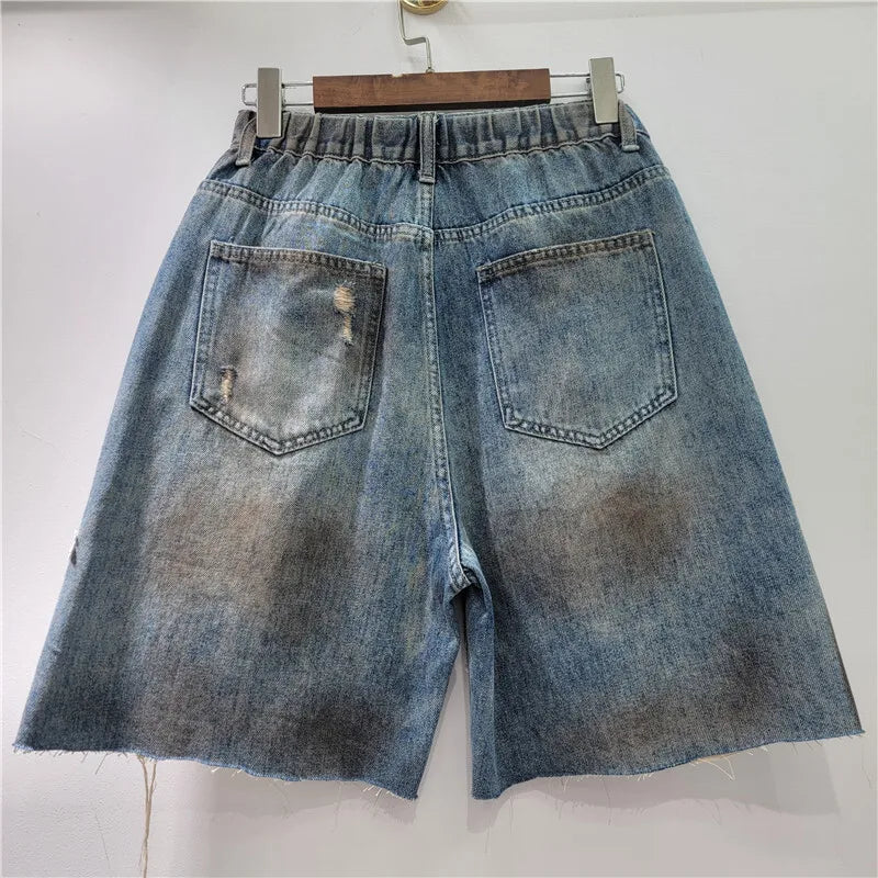 Fashion Women Spliced Lace Flower Hole Design Denim Shorts Vintage Straight Wide Leg Short Pants Female 2025 Summer 1LS1867