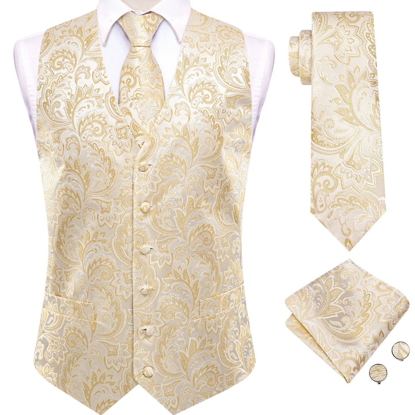 Men's Floral Vest & Tie Hanky Cufflinks Set – Formal Biege Grey White Waistcoat for Weddings Events Party Gift