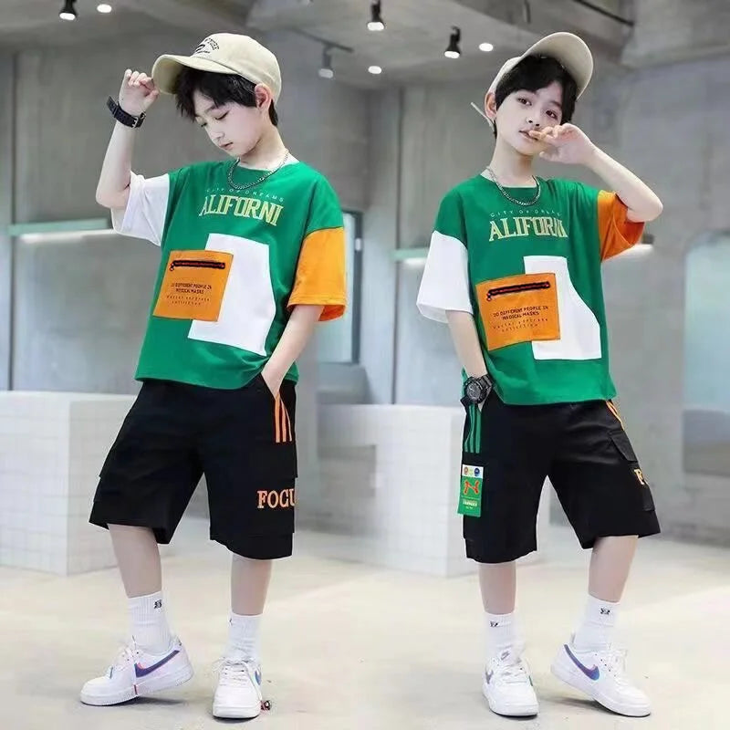 Summer Boys Clothes Sets Teenager Casual Outfits Kids Print T-shirt +Shorts 2Pcs Children Short Sleeve Tracksuit Suits 5-12 Year