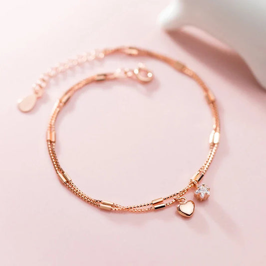 Bracelet Femme en Argent Sterling 925 avec Étoiles CZ Brillantes et Cœurs d'Amour - Bijoux Fins de Luxe pour Mariage et Fiançailles
