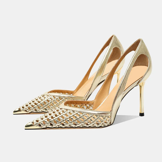 Women Hollow Sandals Elegant Pointed Toe Metal Straps High Heels Shoes Women Elegant Fashion Concise Sandals Zapatos De Mujer