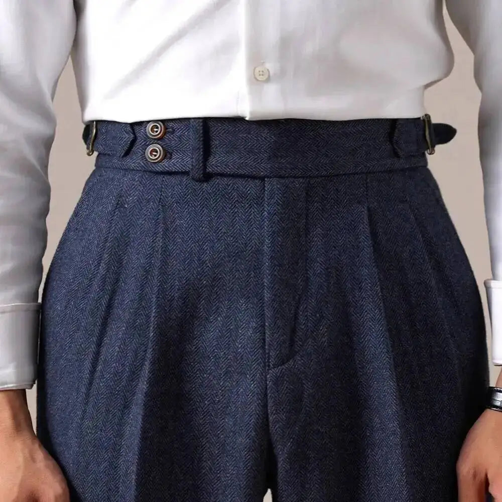 Autumn Herringbone Dress Pants For Men Naples Men's Wool Blend High Waist Social Casual Versatile Long Pants Office Trousers Men