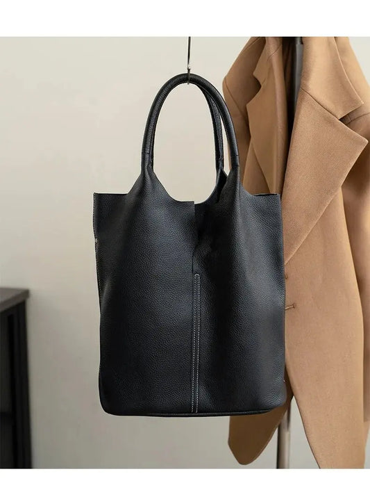 Genuine Grade Leather Women Commuter Tote Bag Ladies Soft Cowhide Tote Shoulder Handbag Large Female Bucket Bag Luxury Designer