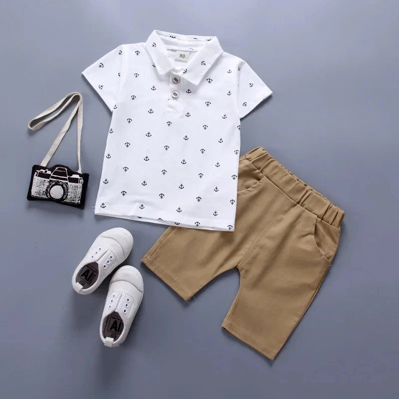 2PCS Baby Set Cute Kids Boys Clothes Summer Random Print Boat Anchor Pattern Short Sleeve Shorts Set For 1-5Years