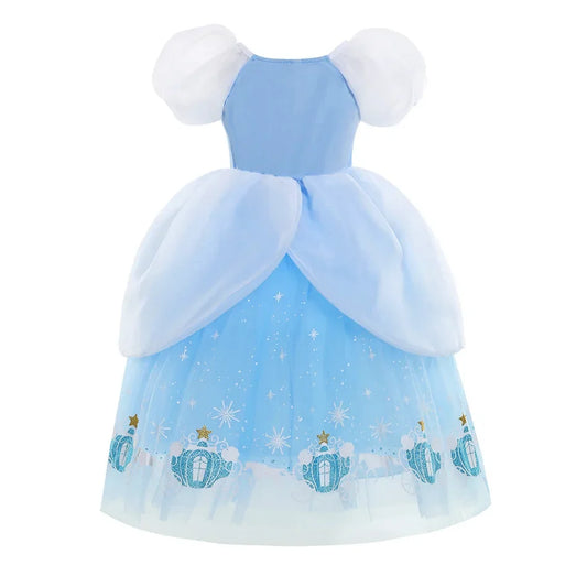 Princess Cinderella Girls Cosplay Cinderella Blue Short Sleeves Costume Kid Halloween Birthday Party Dress + Sleeves Suit