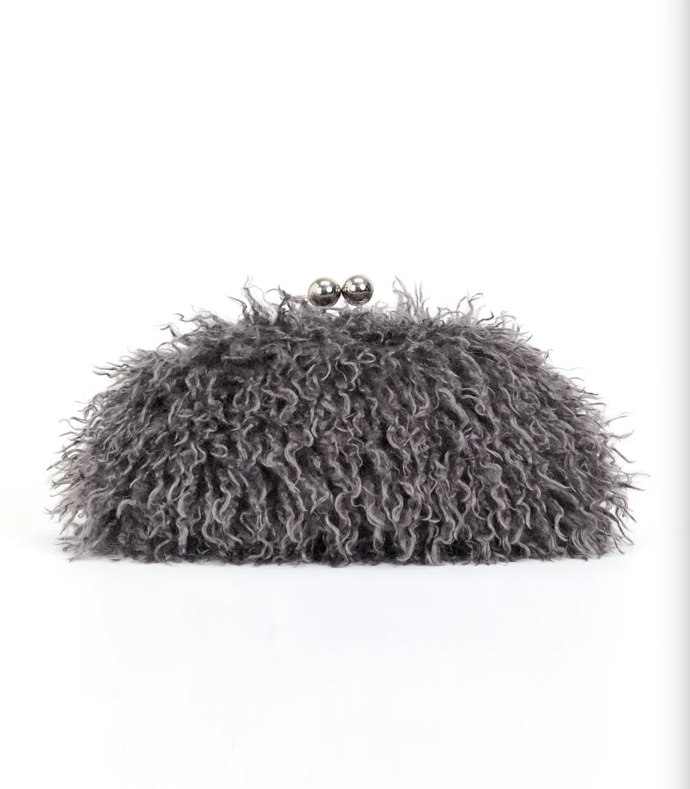 Women kisslock Faux Fur Clutch bag winter warm dark grey pouch frame clasp bag with chain crossbody