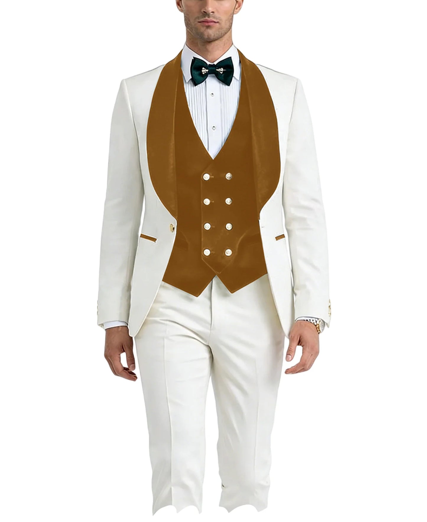Men White Tuxedo Suit 3 Piece Shawl Lapel Slim Fit 1 Button Velvet Collar Patched Blazer Vest Pants Set for Wedding Party Groom