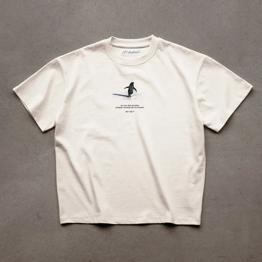 Y2K Men's T-shirt Fashion Broketale Snow Mountain Penguin Print Graphic Round Neck Shirt Oversized Unisex Casual Men's Clothing