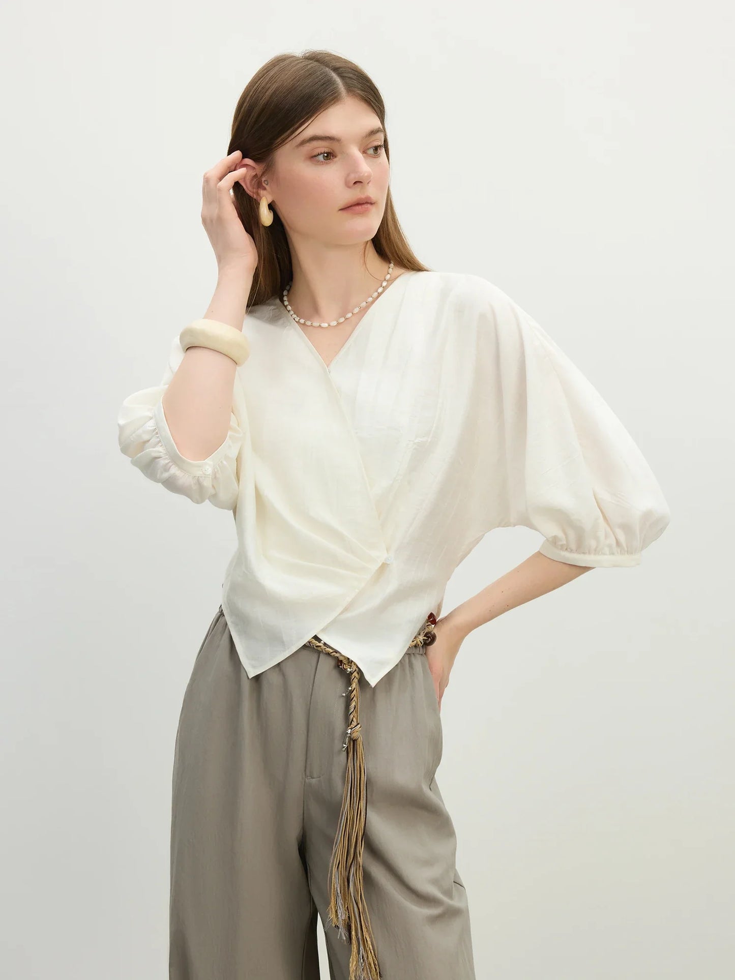 V-Neck Relaxed Casual Design Women's Short Sleeve Linen Shirt - 2025 Summer New Arrival Shirts For Women 25FS12418
