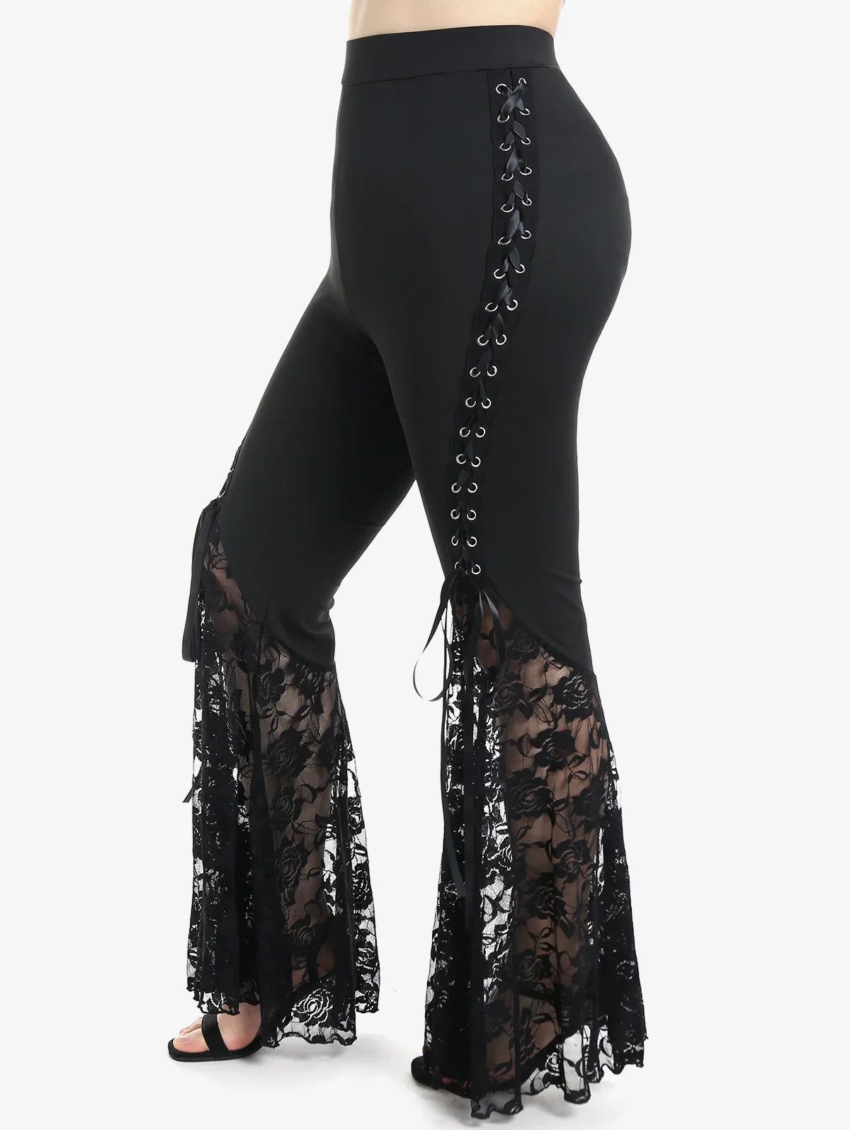 Plus Size Womens Pull On Flare Pants Gothic High Waist Overlength Lace Panel With Lace-up Pleated Trousers Skinny Pants