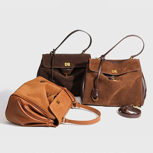 New Split Cow Leather Women's Faux Suede Bag Autumn Winter Underarm Bag for Lady Shoulder Crossbody Bag