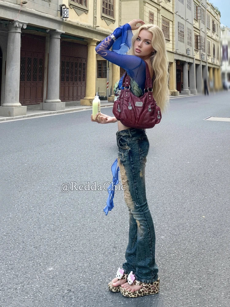 Low Waist Skinny Jeans for Women Vintage Distressed Destroyed Holes Stretchy Denim Boot Cut Pants Y2k Gyaru Streetwear